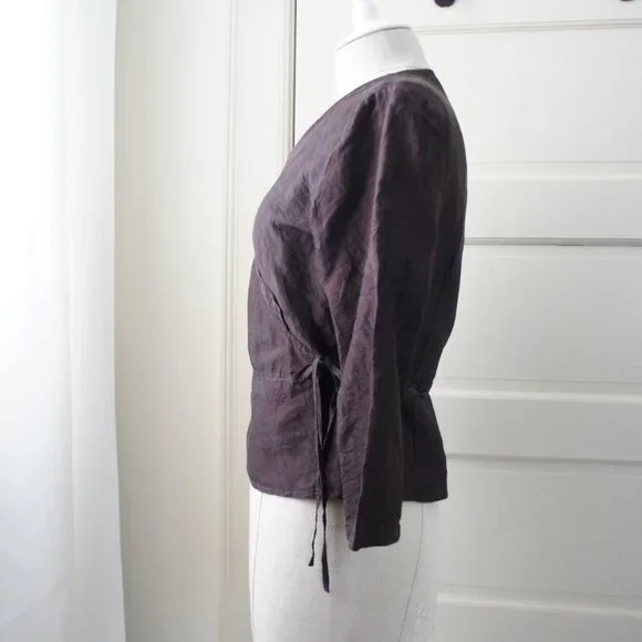 Dark Purple 100% Raw Silk Peplum Belted V Neck Top Size Small - Picture 12 of 12